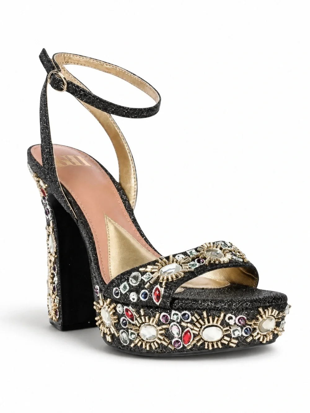 Gianni Bini Black Glitter Enchant-Ment Beaded Embellished Platform Heel Sandals